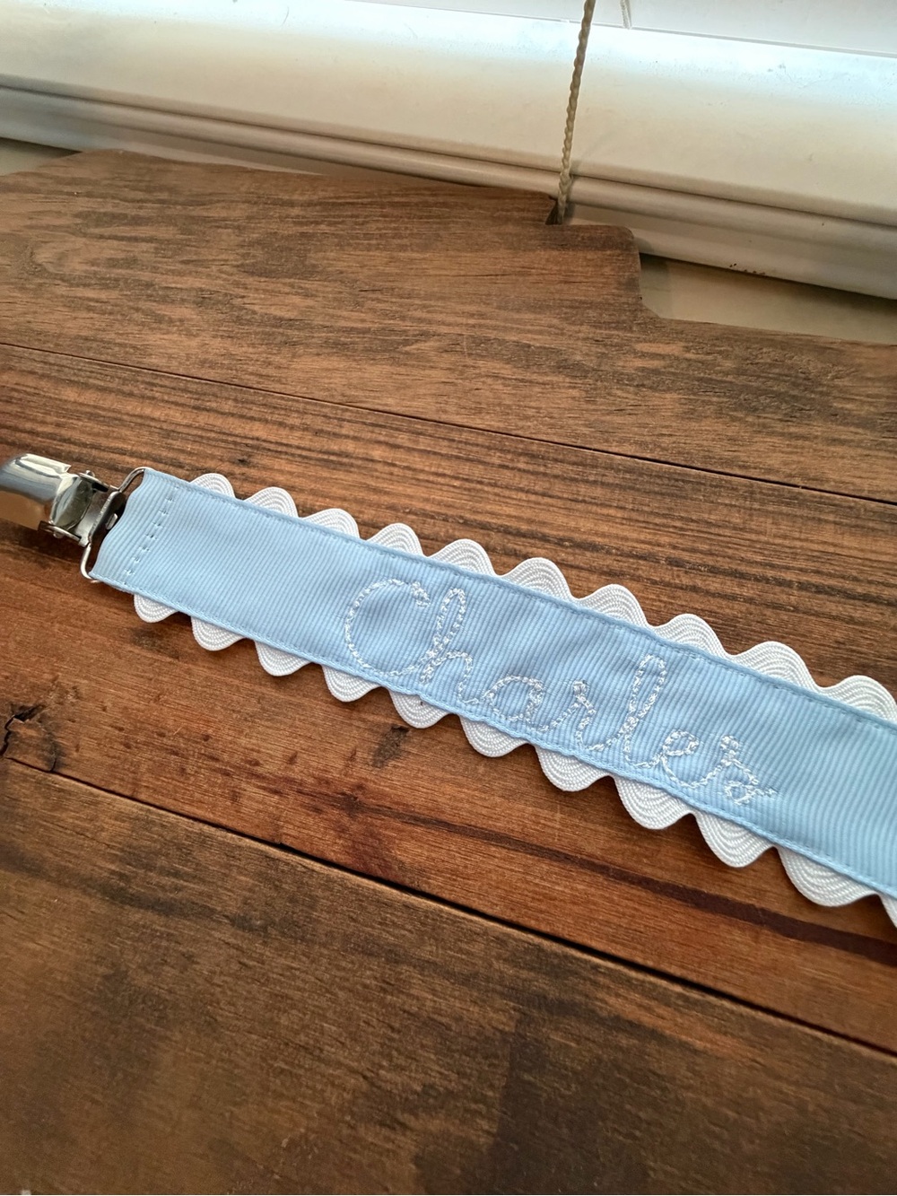 Personalized Light Blue Pacifier Clip with White Trim - Charles